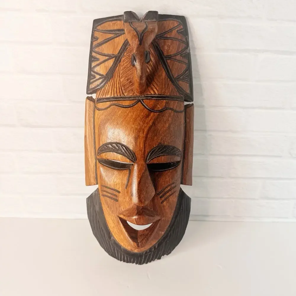 Hand Carved Wood African Mask Wooden With Elephant Head & Trunk 12”